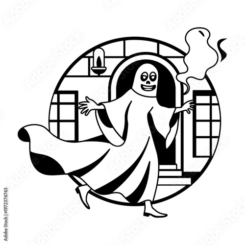 A glyph illustration of running spooky character in ghost costume