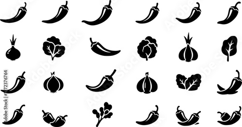 Spicy food ingredient and organic vegetable cooking icon set featuring various simple black silhouettes of chili peppers – Black and White Vector Illustration