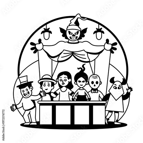A glyph illustration of scary puppets controlled by spooky character