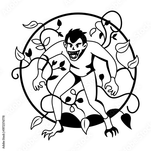A glyph illustration of a demon character in scary forest