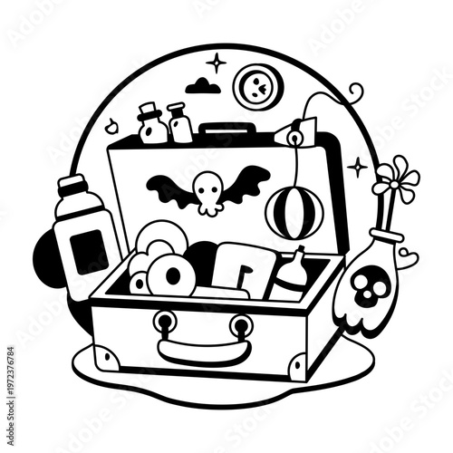 A glyph illustration of spooky bag filled with different mystical things