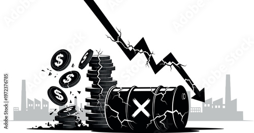 Conceptual illustration of oil price collapse with falling market arrow and broken barrel over city skyline.