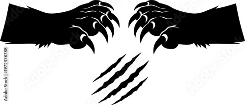 Wild animal predator paws and sharp beast claw mark icon set featuring two simple black silhouettes of clawed paws facing each other – Black and White Vector Illustration