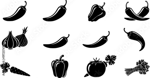 Spicy food ingredient and organic vegetable cooking icon set featuring various simple black silhouettes of chili peppers – Black and White Vector Illustration