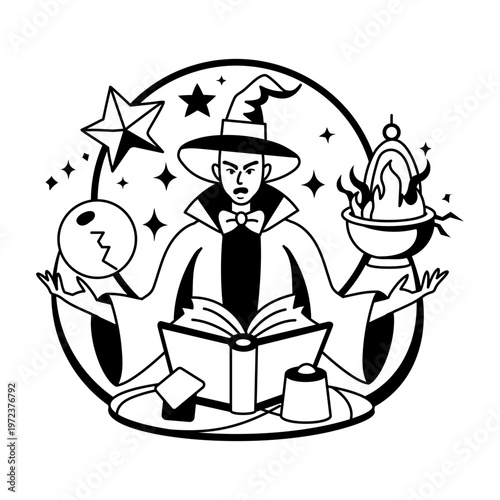 A glyph illustration of a mystical character reading a magical book