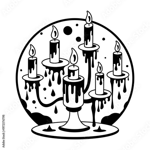 A glyph illustration of haunted candle stand with melting candles