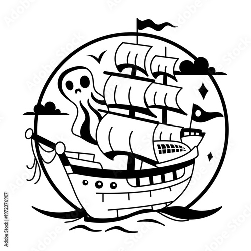 A glyph illustration of scary pirate ship sailing in water