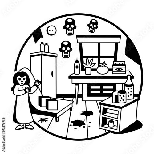 A glyph illustration of spooky room with haunted child and skulls