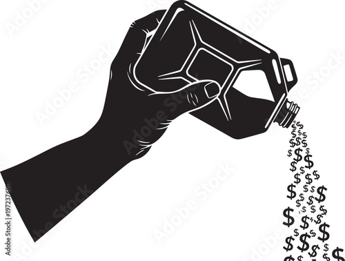 Hand pouring money from gas can vector illustration isolated on transparent background. high cost of fuel concept.
