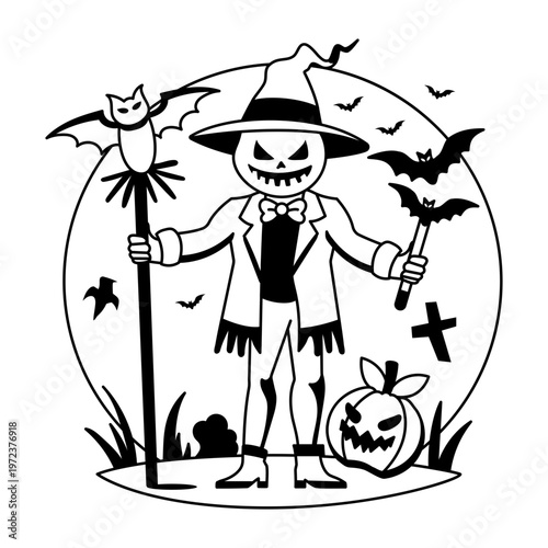 A glyph illustration of spooky scarecrow standing in graveyard with pumpkin