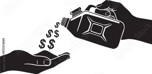 Hand pouring money from gas can vector illustration isolated on transparent background. high cost of fuel concept.