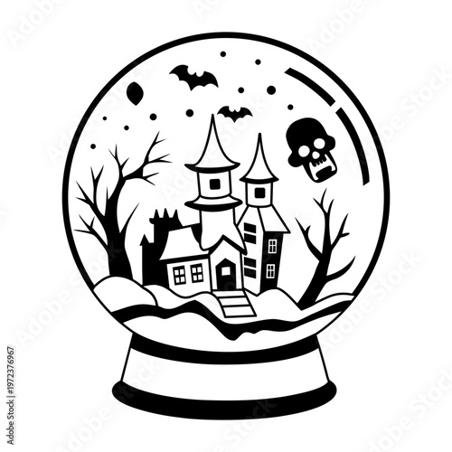 Haunted house inside spooky ball, a glyph style illustration