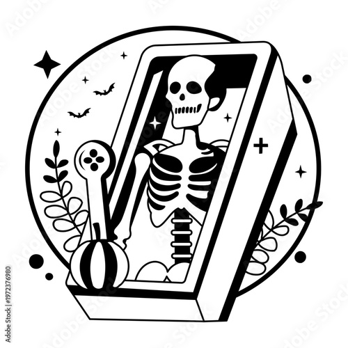 A glyph illustration of scary skeleton in a box