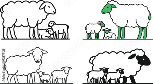Minimalist sheep and lamb vector icons, outline farm animal illustrations, set of four ewe with offspring graphics for agricultural branding