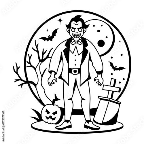 A glyph illustration of horror man standing in graveyard