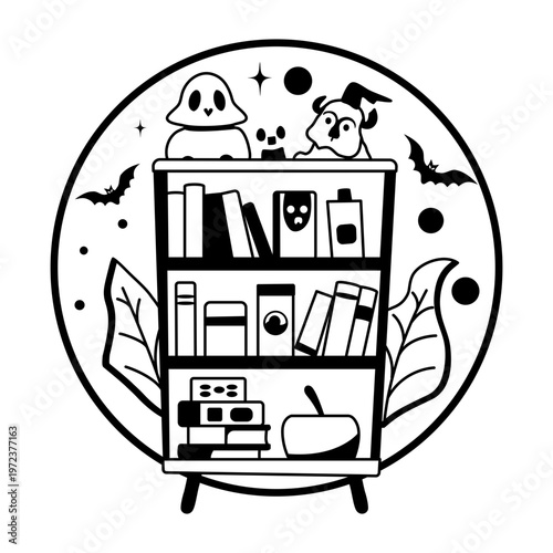 A glyph illustration of spooky shelf
