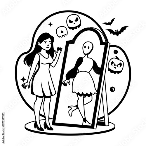 A woman see ghost reflection in mirror, a glyph style illustration