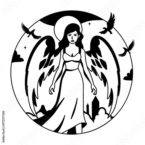 A glyph illustration of scary winged woman