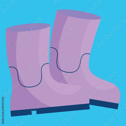 A pair of purple rain boots with dark soles on a vibrant blue background.