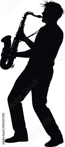 Full Body Silhouette of Professional Male Musician Playing Alto Saxophone Solo During Jazz Performance or Concert Event Isolated on White Background for Creative Design Projects