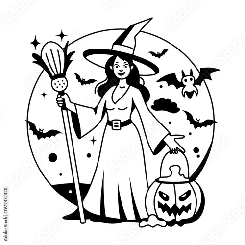 A glyph illustration of halloween witch holding broom and pumpkin basket