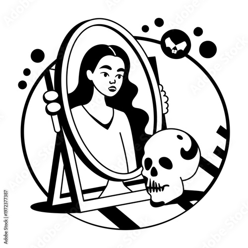 A glyph illustration of haunted mirror with woman reflection and skull