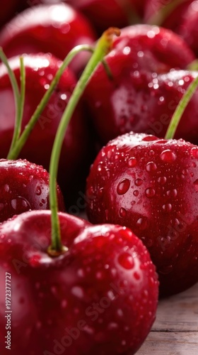 Close up glossy red cherries summer background with water droplets for food banner and wallpaper design and healthy fruit poster