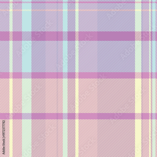 Curved tartan pattern check, hobby plaid texture vector. Domestic textile fabric background seamless in light and purple colors.