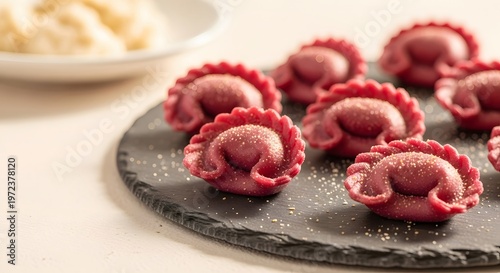 Ravioli with red beet dough on stone plate. Handcrafted pasta dish served in restaurant. Gourmet Italian cuisine, culinary art, healthy food concept, traditional meal presentation.