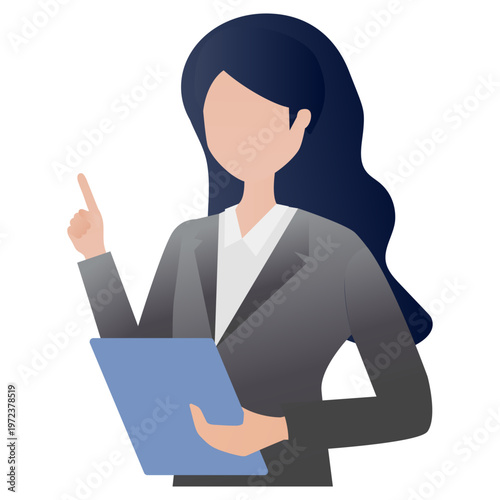スーツ姿の女性がタブレットを持って、ポイントを伝えているベクターイラスト素材