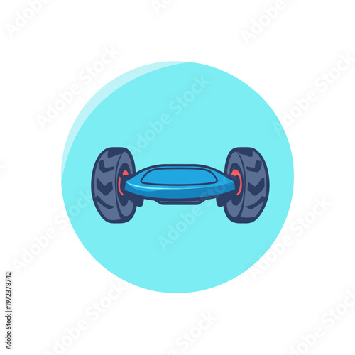 A blue self-balancing board with dark gray tires, red hubs inside a light blue circle