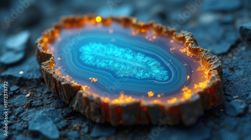 Extreme macro shot of a translucent blue agate stone slice with jagged golden edges, strongly backlit to reveal intricate crystalline internal textures and glowing swirling patterns
