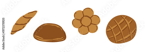 Bread and bakery set for cafe menu. Fresh loaf, bun clipart. Brown bread food illustration for kitchen decor.