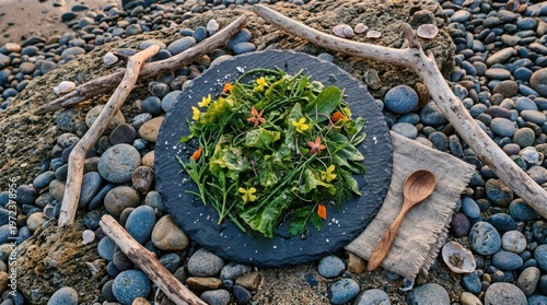 an overhead angle of the vibrant food styling scene, highlighting the dark slate plate filled with sea lettuce and edible herbs near the shore. the natural framing of