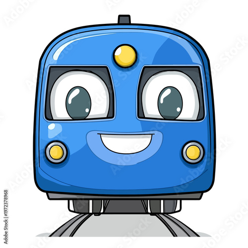 A smiling, cartoon train with blue exterior, large eyes, and yellow lights.  It rides on tracks