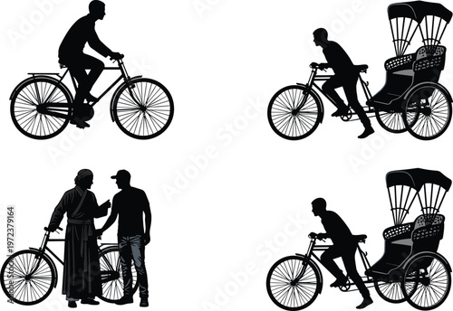 Silhouette Collection of Traditional Cycle Rickshaw Drivers and Cyclists Featuring Asian Transportation Culture Pedicab Pullers and People With Bicycles Isolated on Plain White Background