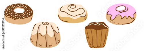Bakery donuts and sweets set for cafe menu. Glazed donut, muffin and cinnamon roll clipart. Sweet food illustration for kitchen decor.