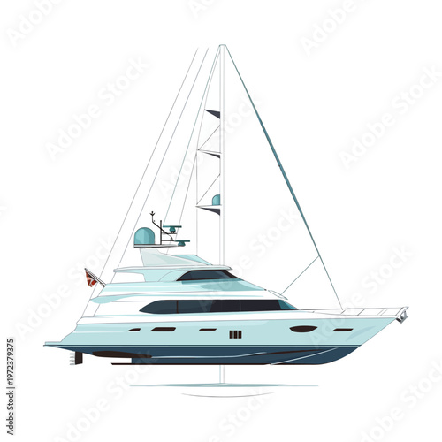 Digital illustration of a luxury sailboat in shades of blue and white, complete with mast and sails