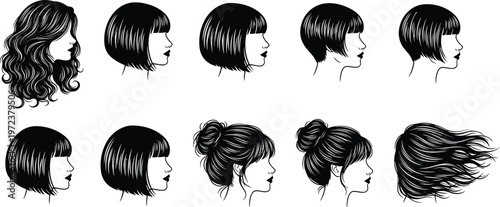 Vector Set of Women Hairstyle Silhouettes Collection Featuring Various Haircuts Like Bob Curly Bun and Pixie Cut for Beauty Salon Fashion and Styling