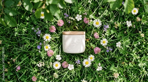 an overhead flat lay scene featuring a matte cream tub resting prominently on a vibrant green patch of grass, surrounded by delicate wildflowers in shades of pink and