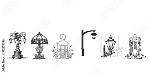 Black and white sketch of street lamps and decorative elements