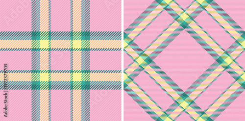 Seamless fabric pattern of vector texture check with a background tartan textile plaid. Set in happy colors for luxurious bed linens.