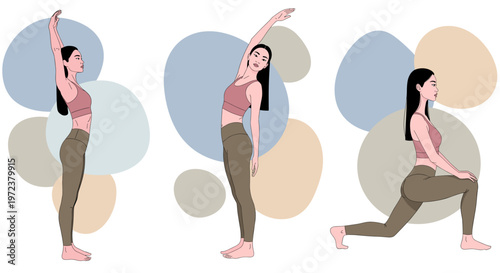 Women stretching and lunge fitness exercises set of 3 on abstract background illustration