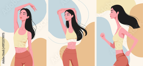 Women stretching and running fitness routine set of 3 on abstract background illustration