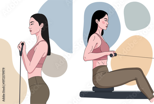 Women resistance band training and rowing machine workout set of 2 illustration