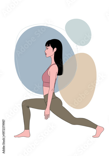 Woman doing forward lunge exercise in fitness training on abstract background illustration