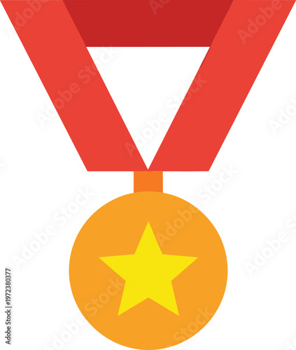 Gold medal with star and red ribbon, achievement award symbol for winner recognition, success and victory concept, clean flat vector illustration design