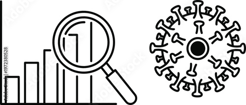 Data analysis with magnifying glass over bar chart and virus icon, research and pandemic analytics concept, modern outline vector illustration for business and healthcare