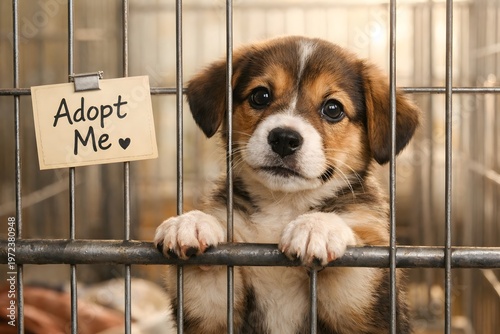 A puppy looks out from its cage in an animal shelter. It has a hopeful expression and is trying to get attention. A sign next to it says adopt me