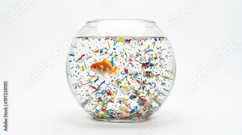 A visualization of plastic pollution crisis rendered as a conceptual fine art image, a perfectly formed glass fishbowl containing ocean water and a single small fish, the water